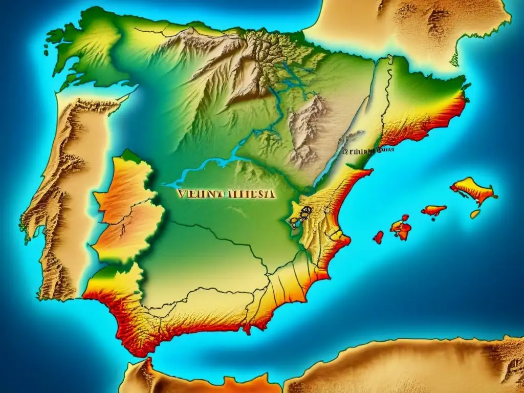 Mapa vintage detallado de España con topografía y lugares clave del origen apellido Peñalosa España