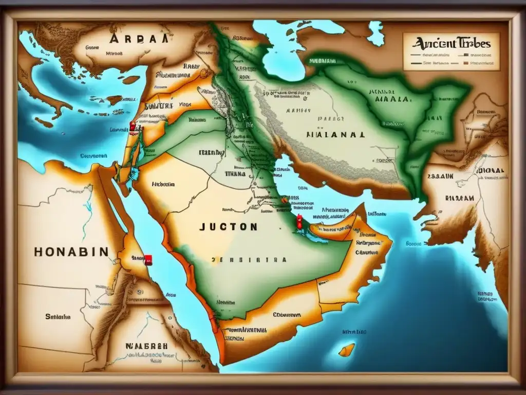 Mapa vintage detallado de tribus árabes y linajes, con fronteras intrincadas y caligrafía antigua
