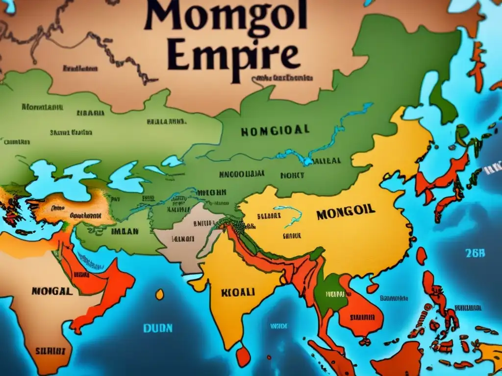 Mapa vintage detallado del vasto Imperio Mongol en tonos terrosos, mostrando rutas migratorias y asentamientos nómadas