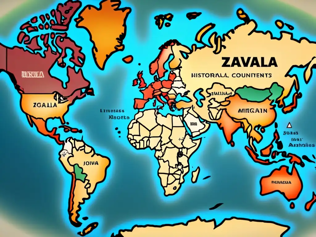 Mapa vintage detallado que muestra el viaje del apellido Zavala por continentes, con rutas antiguas y migración