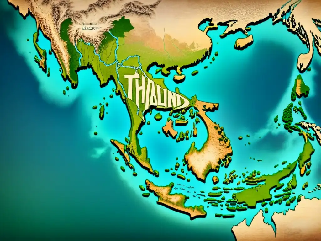 Mapa vintage de Tailandia con detalles de aldeas costeras, paisajes verdes y arquitectura tradicional malaya