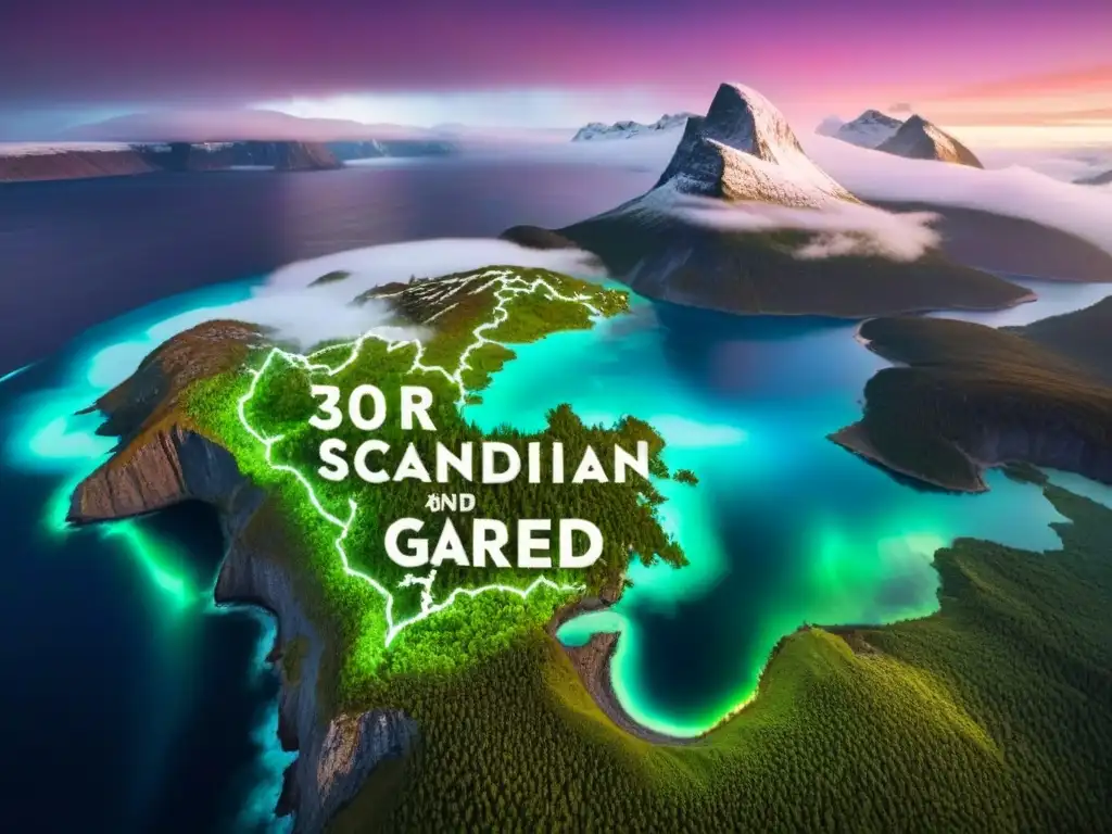 Mapa vintage de Escandinavia con detalles de apellidos escandinavos y símbolos nórdicos, bajo auroras boreales