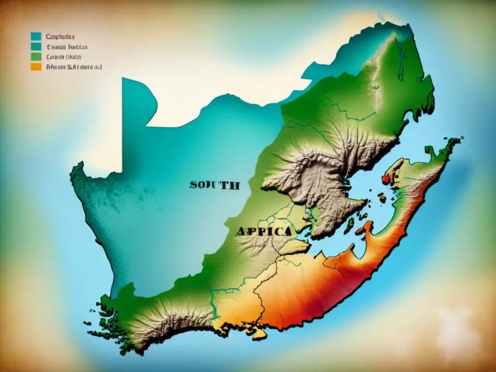 Mapa vintage de Sudáfrica con detalles intrincados de ciudades, ríos y paisajes naturales, evocando historia y exploración