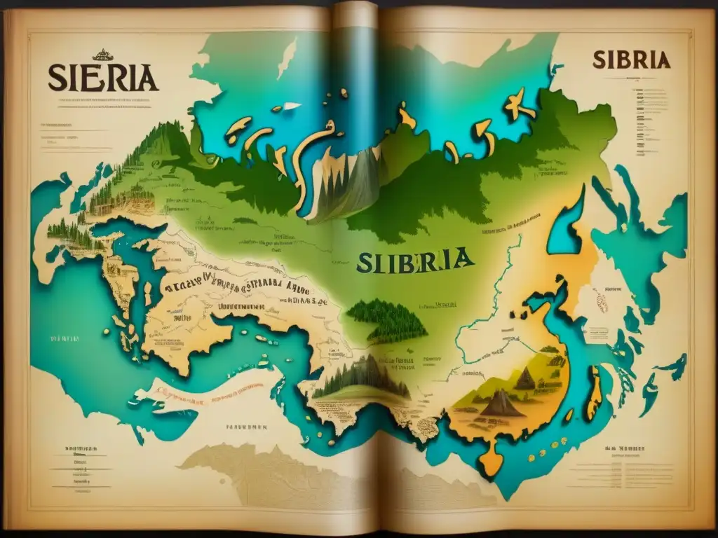 Un mapa vintage de Siberia con detalles de paisajes, ríos y asentamientos, en tonos sepia que evocan exploración histórica