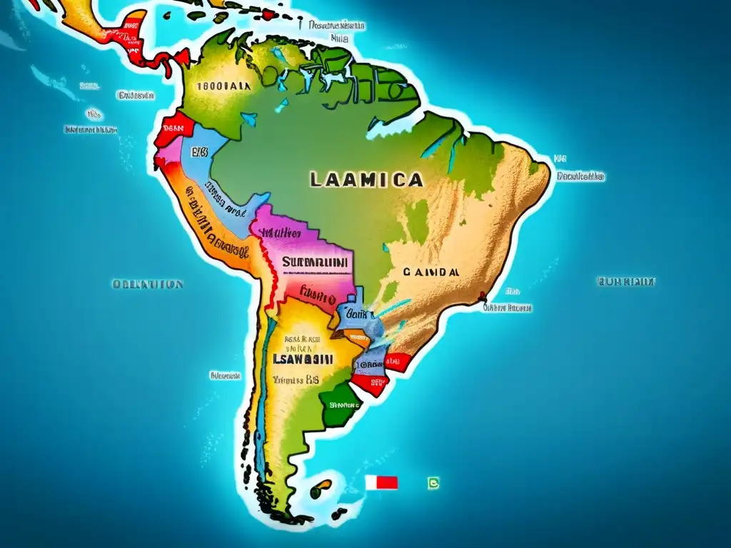 Mapa vintage de América Latina con distribución de apellidos que empiezan con 'A'