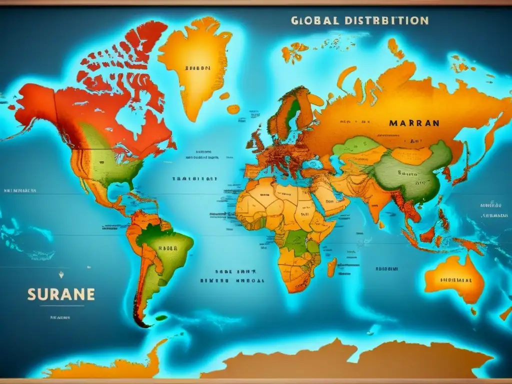 Mapa vintage detallando distribución global apellidos por inmigración, evocando historia y exploración