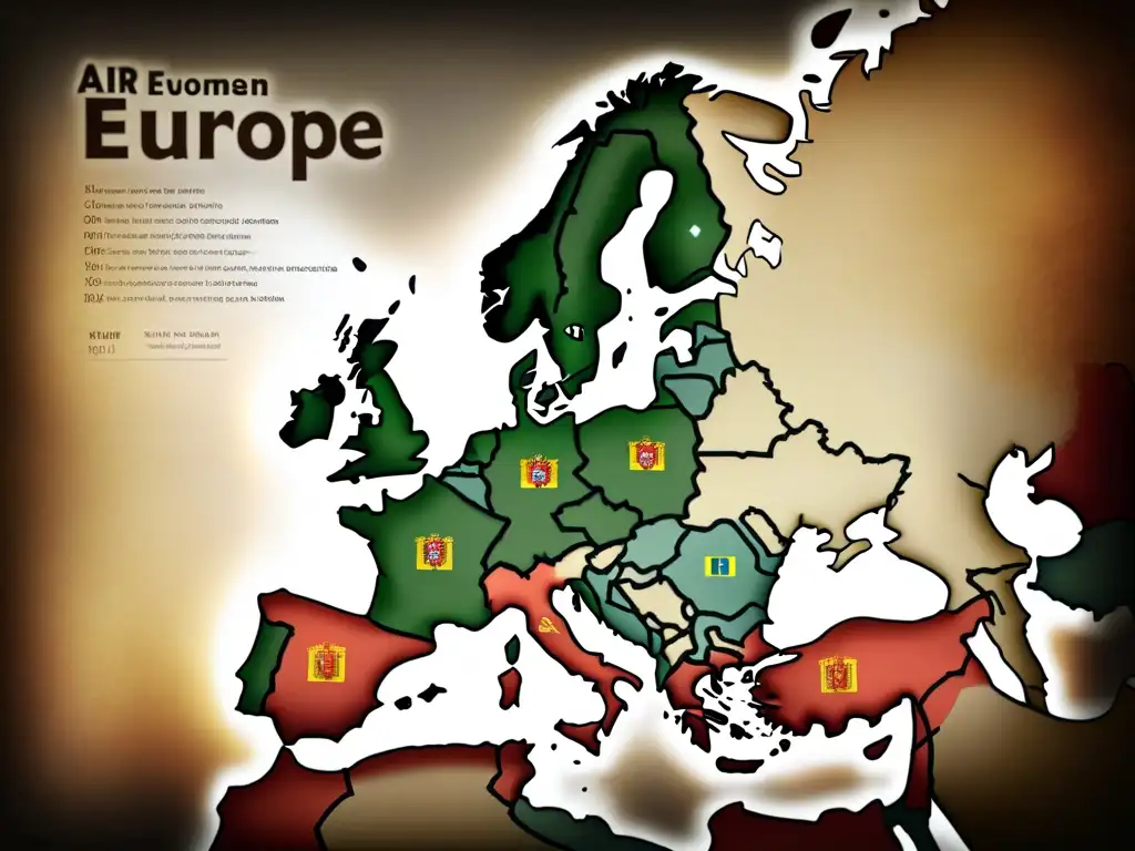 Un mapa vintage de Europa con escudos familiares entrelazados, reflejando el origen de apellidos europeos cruzadas