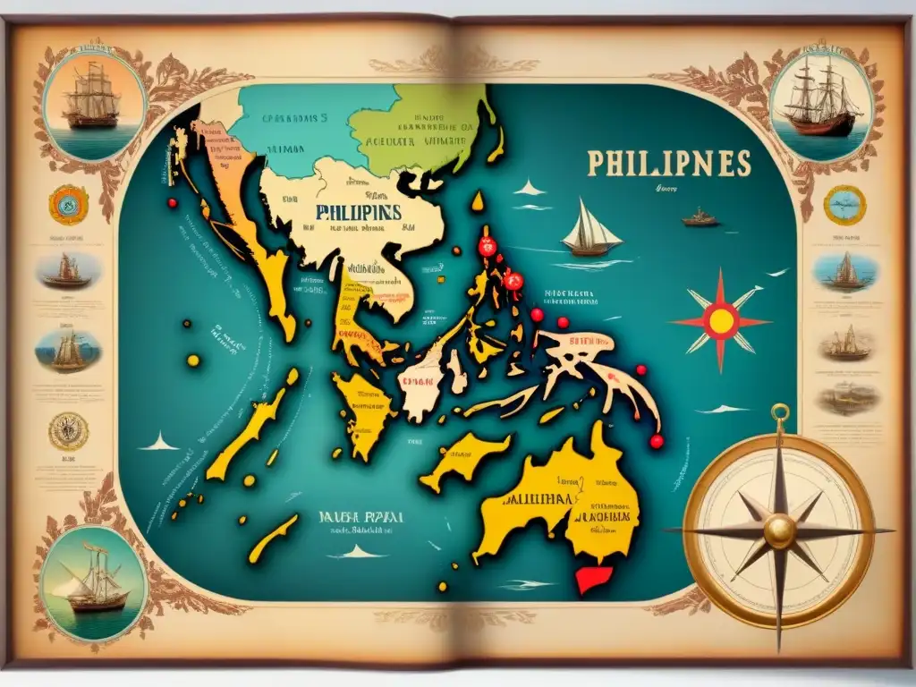 Mapa vintage de Filipinas con influencia española: detallado diseño de regiones, brújulas y flora autóctona en tonos tierra y pergamino envejecido