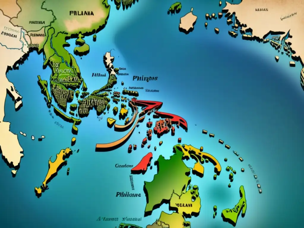 Un mapa vintage de Filipinas con puentes conectados, representando la fusión cultural entre la historia de apellidos filipinos y el legado español