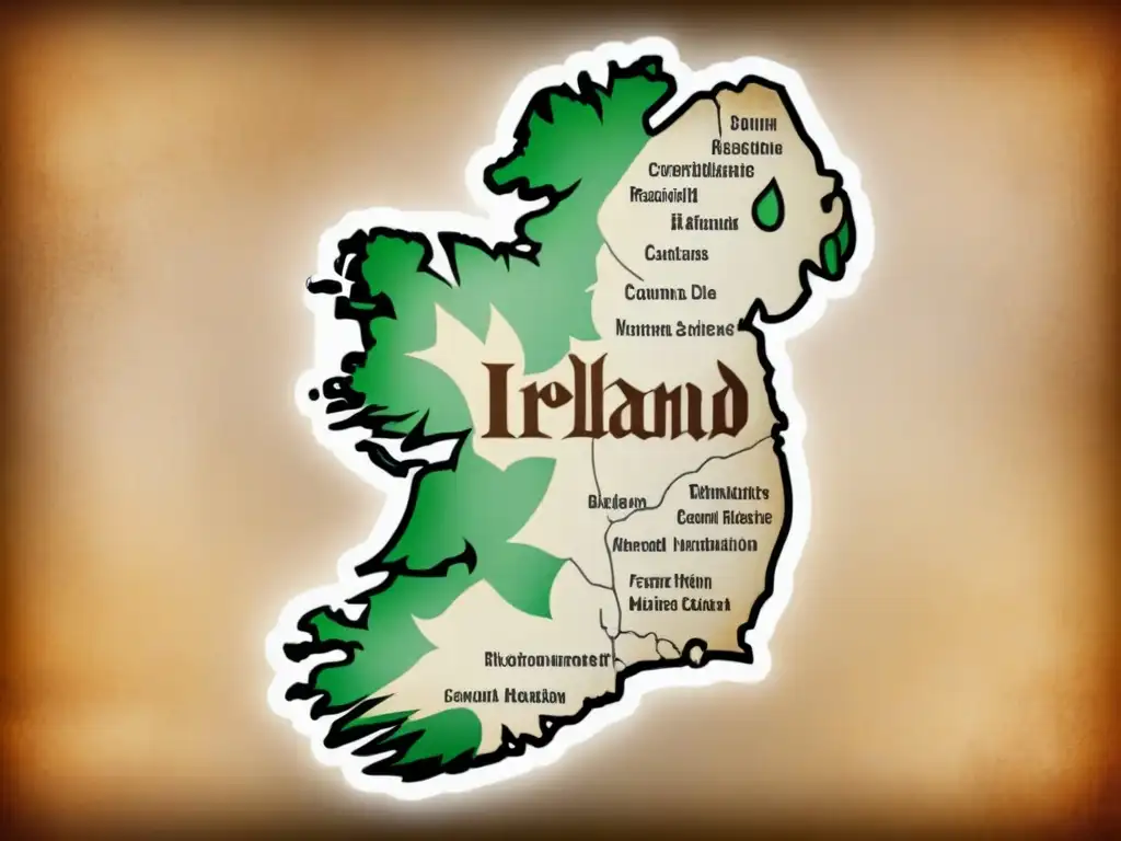 Mapa vintage de Irlanda con genealogía del apellido Farrell, decorado con guerreros medievales y escritura gaélica