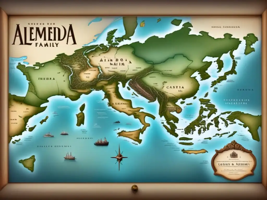 Mapa vintage detallando la historia del apellido Almeida con tonos sepia y dibujos antiguos