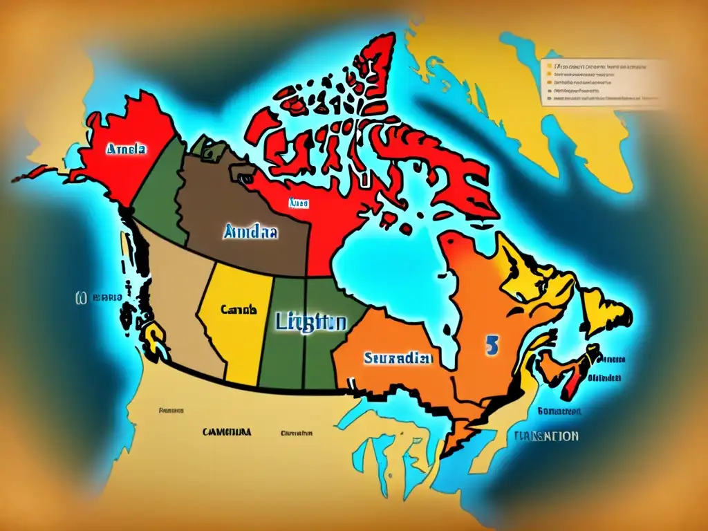 Mapa vintage de Canadá que muestra la historia de apellidos canadienses y genealogía, detallando migraciones y culturas