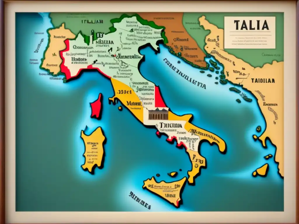 Mapa vintage detallando historia de apellidos italianos y sus conexiones regionales en tonos terrosos