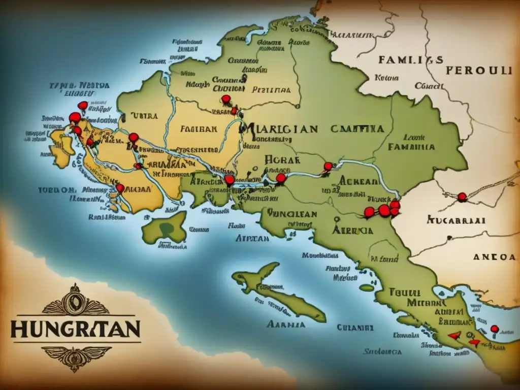 Mapa vintage detallando historia apellidos húngaros en América con símbolos tradicionales y rutas migratorias