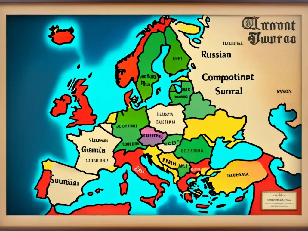 Mapa vintage de Europa con historia de apellidos rusos en Europa en caligrafía detallada