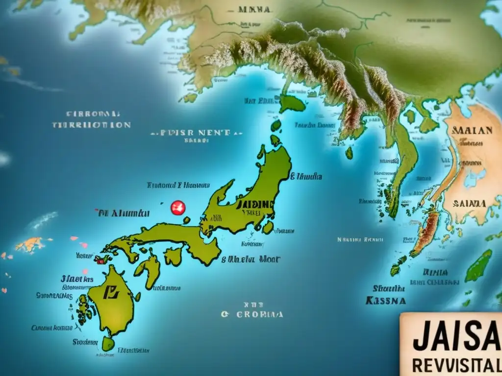 Mapa vintage de Japón con historia de apellidos japoneses revelada en tonos terrosos y detalles de sakuras