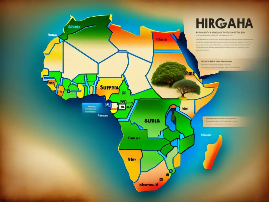 Un mapa vintage de África detallando la historia y evolución de apellidos africanos a lo largo del tiempo