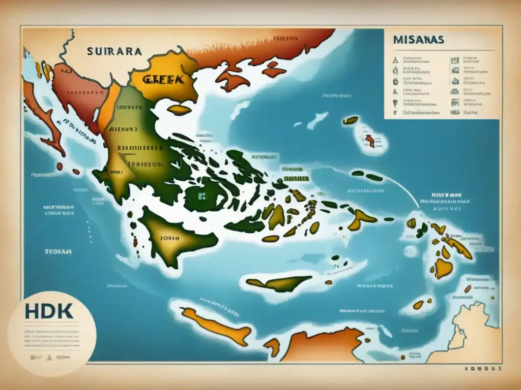 Un mapa vintage detalla la historia de apellidos diáspora griega con elegante caligrafía y símbolos tradicionales