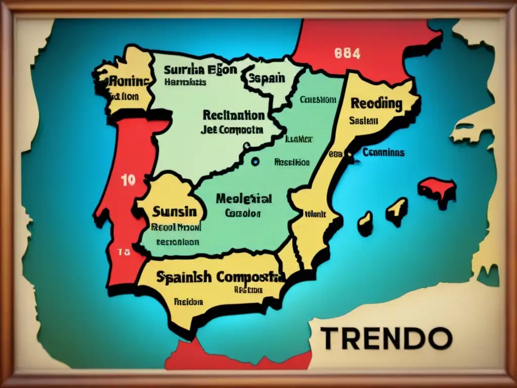 Mapa vintage detallando historia y significado de apellidos españoles por región