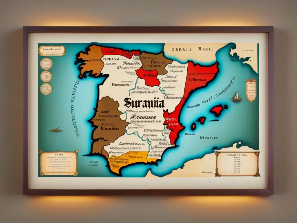 Un mapa vintage de la Península Ibérica con la evolución de apellidos en caligrafía detallada y símbolos históricos