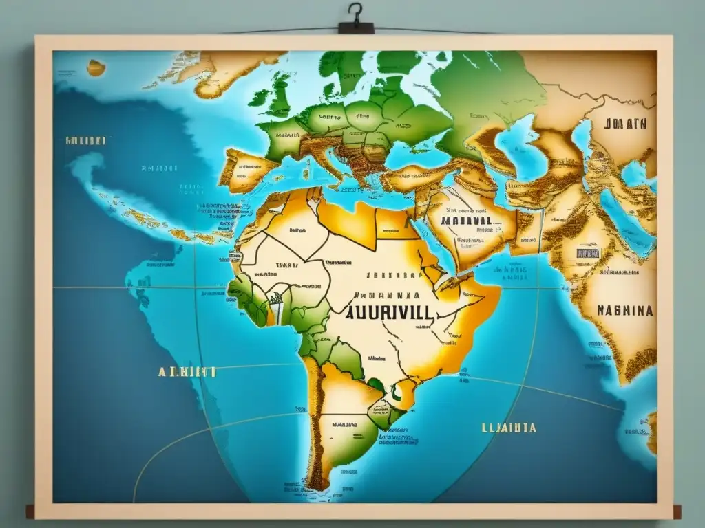 Mapa vintage con influencia árabe en Norte de África: caligrafía y patrones geométricos en tonos terrosos y toques dorados