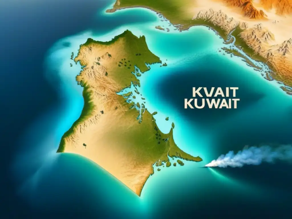 Un mapa vintage de Kuwait con la evolución de apellidos, caligrafía detallada y colores desgastados, evocando historia apellidos Kuwait Pérsico