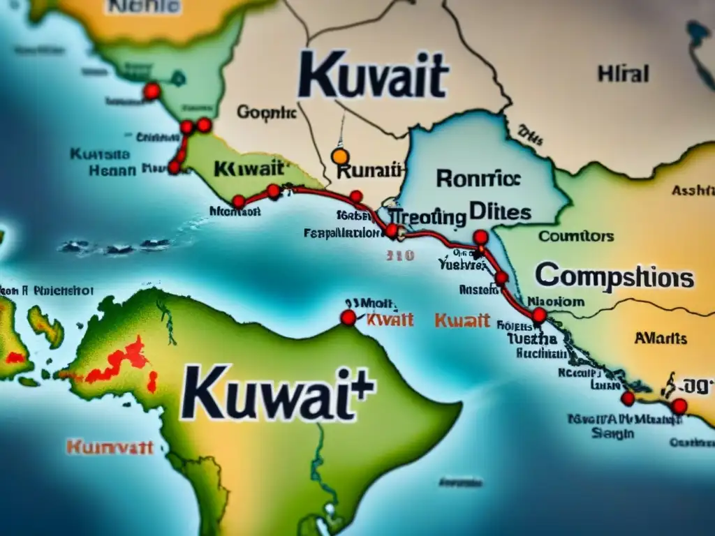 Un mapa vintage de Kuwait con detalles topográficos, colores desvanecidos y caligrafía elegante