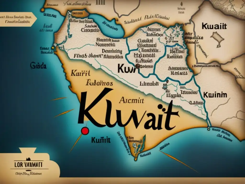 Mapa vintage de Kuwait con historia de apellidos en caligrafía, evocando la herencia cultural del Pérsico