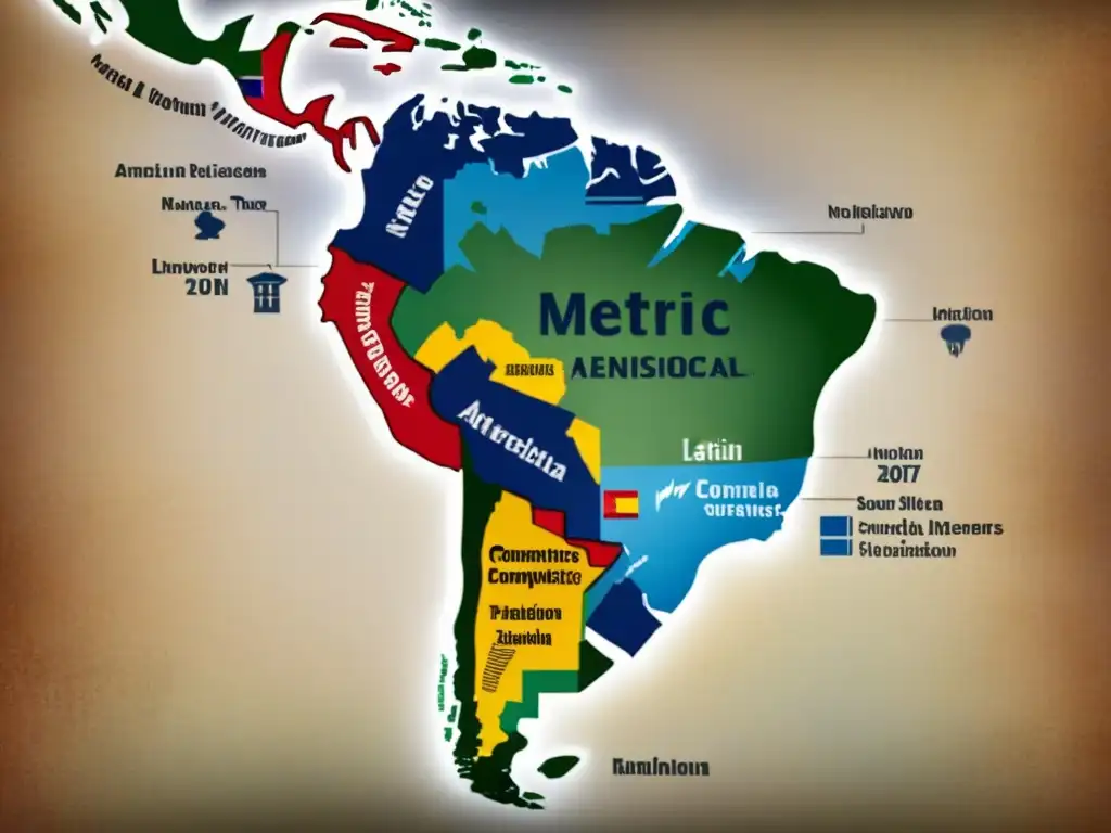 Un mapa vintage de América Latina con apellidos mestizos entrelazados, reflejando la rica herencia cultural