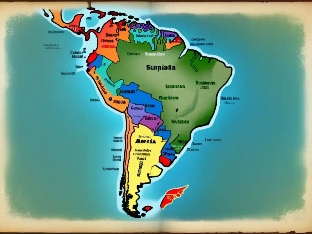 Un mapa vintage de América Latina con redes de árboles genealógicos de apellidos conquistadores, mostrando el legado socioeconómico de apellidos