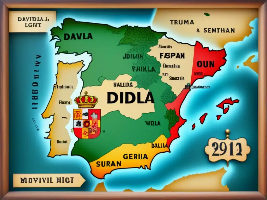 Mapa vintage de la España medieval con detallada caligrafía y escudo de la familia Davila