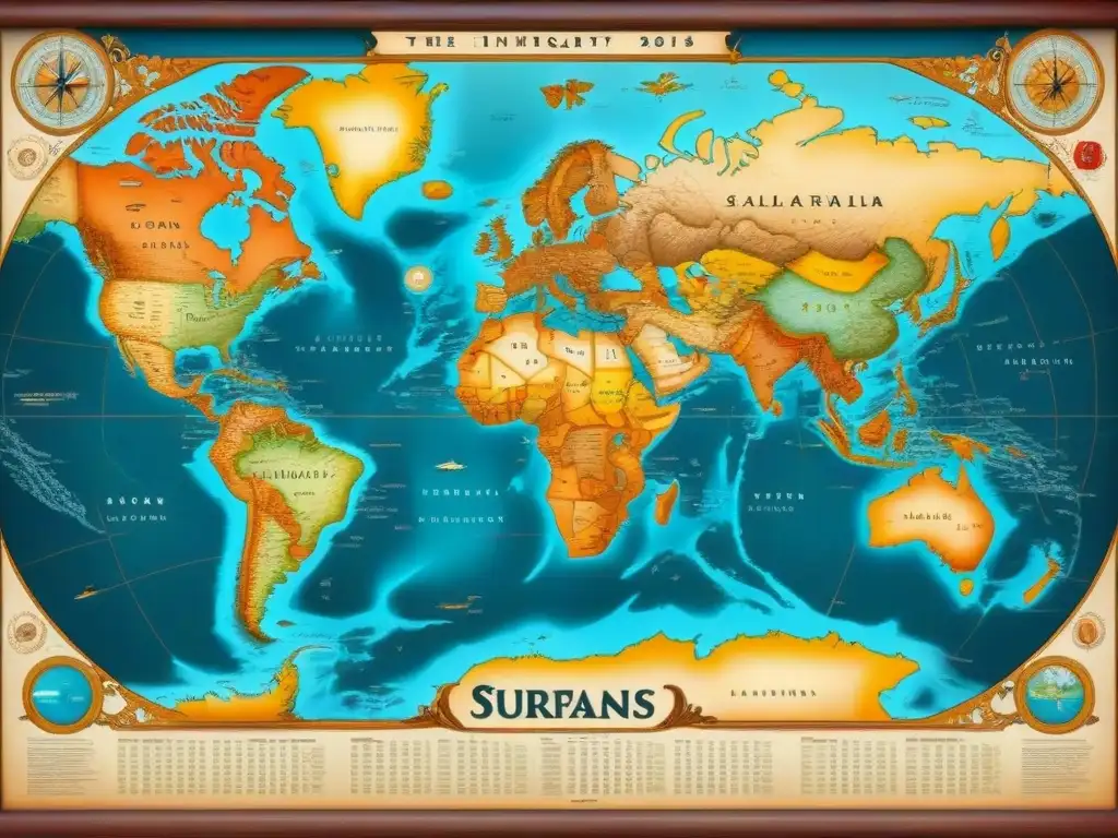 Mapa vintage detallando migración de apellidos con R en tonos terrosos y brújulas ornamentales