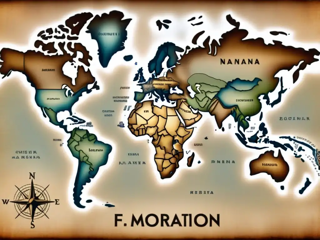 Mapa vintage detallando migración de apellidos en sepia