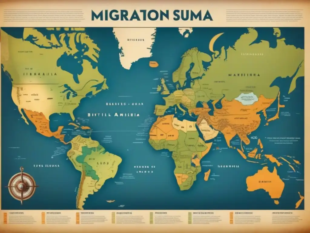 Mapa vintage detallando la migración de apellidos británicos a América, mostrando rutas marítimas y asentamientos