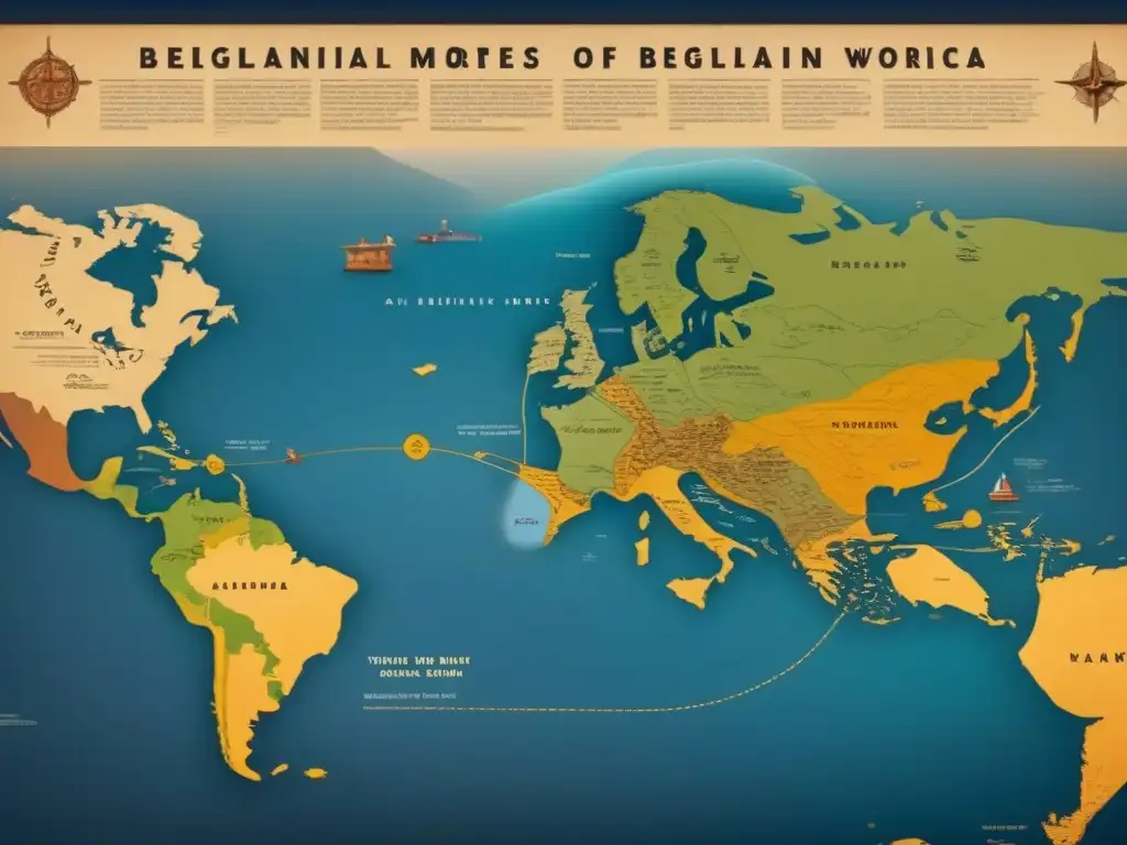 Mapa vintage detallando la migración de familias belgas a América, con ilustraciones de barcos, desembarcos y evolución de apellidos