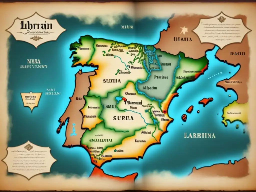 Mapa vintage detallando la migración de influencias árabes en la Península Ibérica