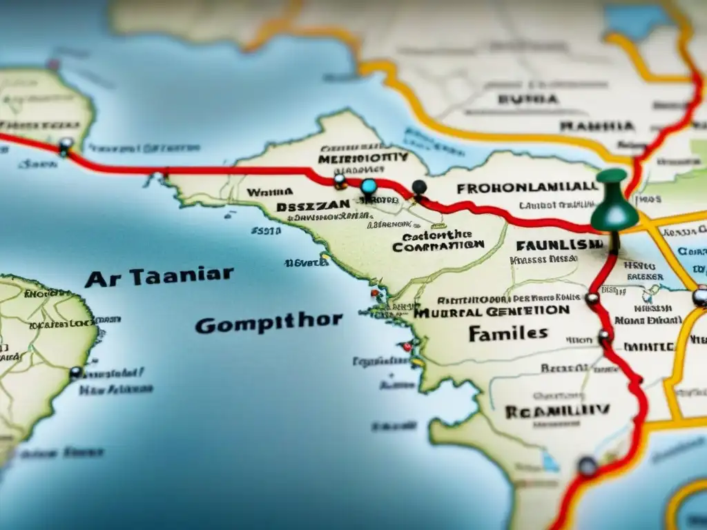 Mapa vintage detallando migración interna de familias a ciudades, con ilustraciones y apellidos, linajes y rutas