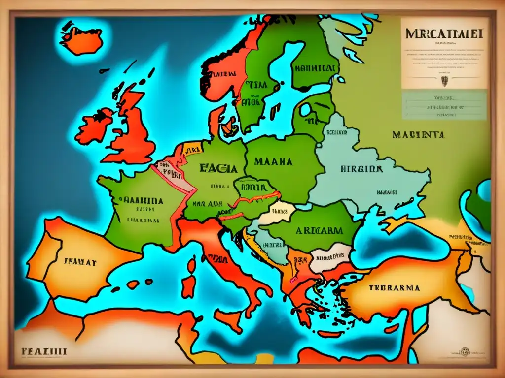 Mapa vintage detallando la migración de tribus paganas en Europa, con ilustraciones de dioses y símbolos entrelazados con árboles genealógicos