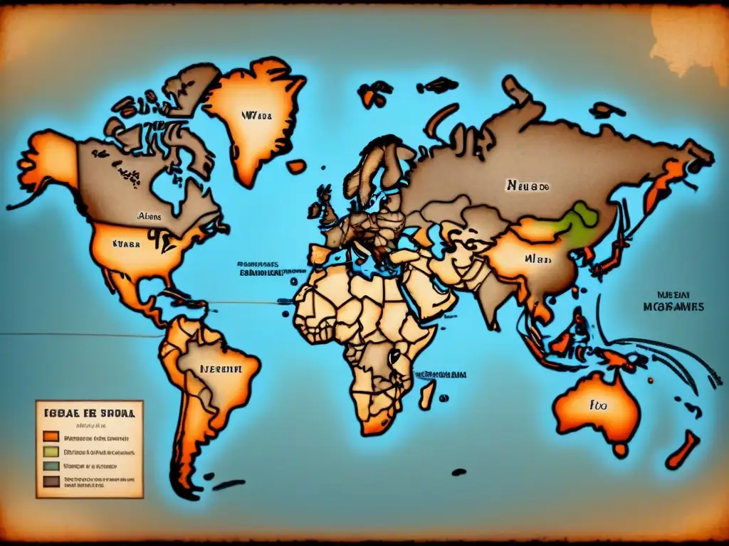 Mapa vintage de migraciones históricas con tonos sepia, rutas y familias, historia apellidos migraciones diversificación