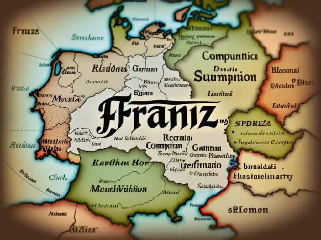 Mapa vintage detallando el origen y dispersión del apellido Franz en Alemania, con ilustraciones tradicionales y caligrafía detallada