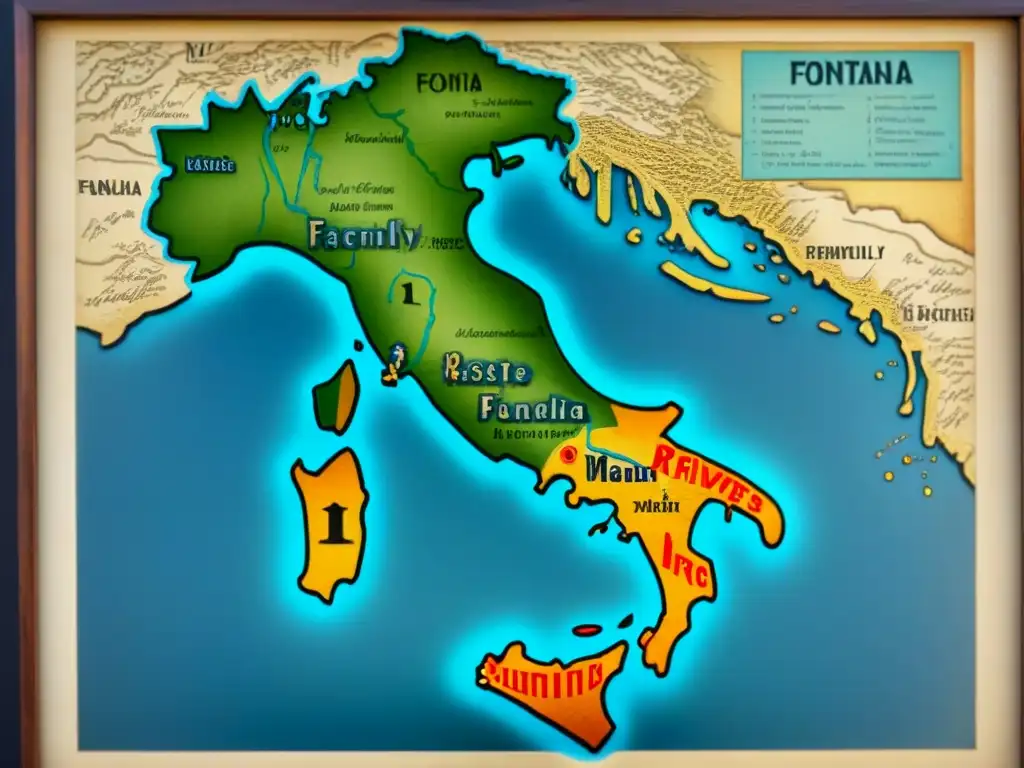 Mapa vintage detalla origen apellido Fontana en Italia, uniendo herencia familiar con los ríos y arroyos