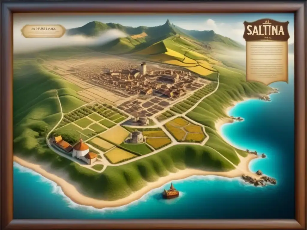 Mapa vintage detallando el origen del apellido Salinas, con historia y linaje en elegante caligrafía