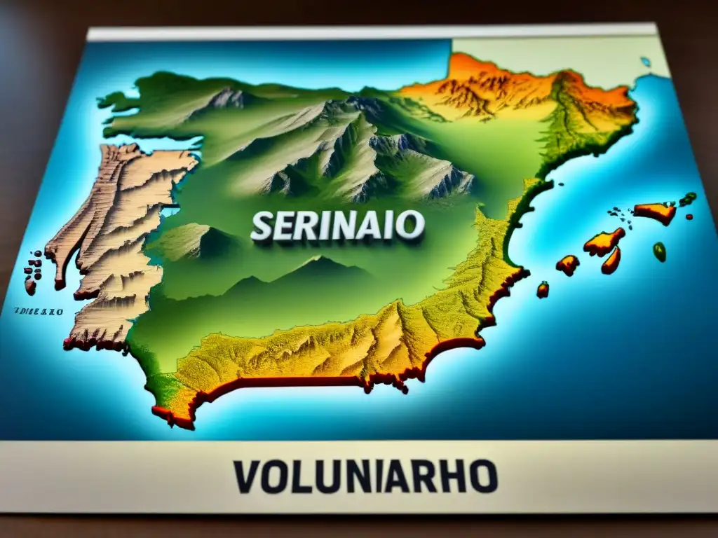 Mapa vintage de la región de origen del apellido Serrano, con paisajes montañosos y fincas nobles en colores desgastados