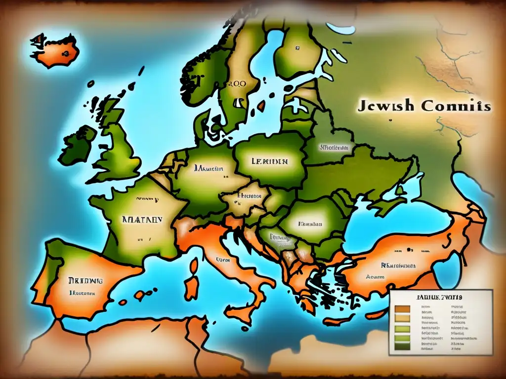 Mapa vintage mostrando origen apellidos judíos en guerras históricas