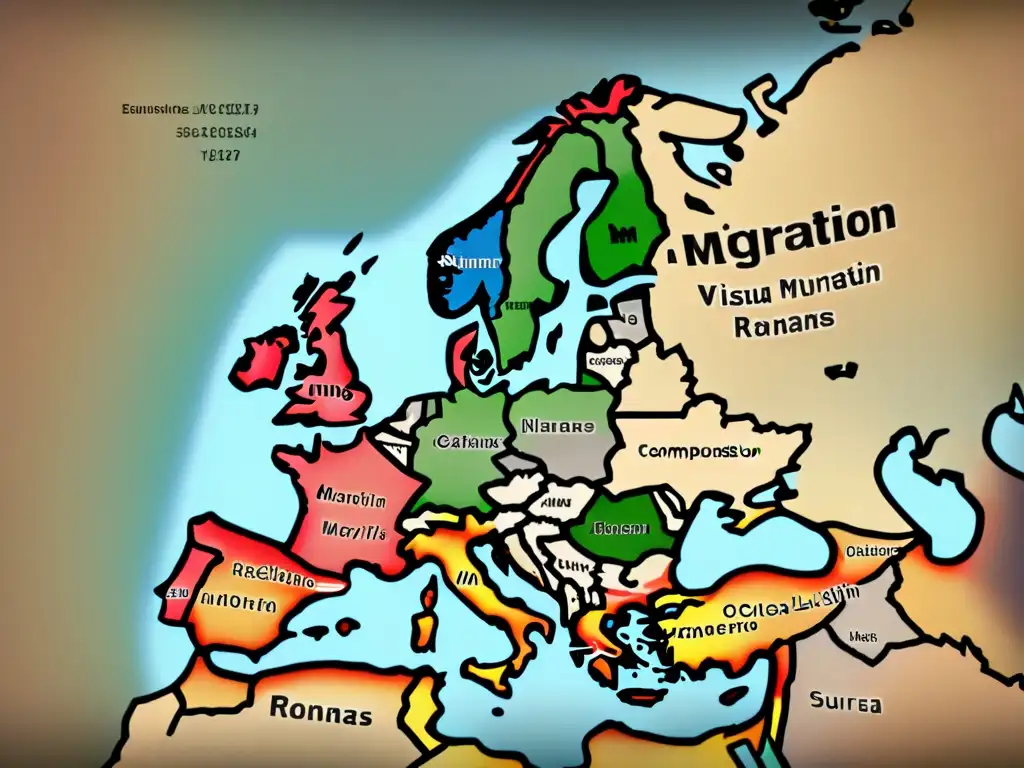 Un mapa vintage detallando el origen de apellidos europeos por lenguas con tonos sepia y rutas de migración