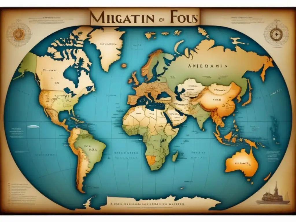 Mapa vintage detallando Origen y evolución de apellidos con rutas migratorias y escudos familiares en tonos sepia