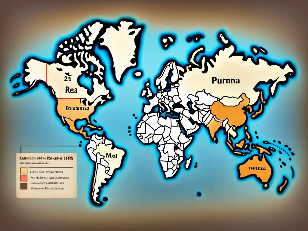 Mapa vintage detallando origen y distribución apellidos O en el mundo, con tonos sepia y caligrafía elegante