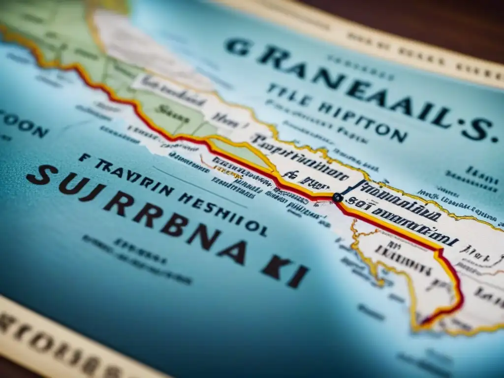 Mapa vintage detallando el origen geográfico de apellidos con G, con elegante caligrafía y paleta de colores envejecida