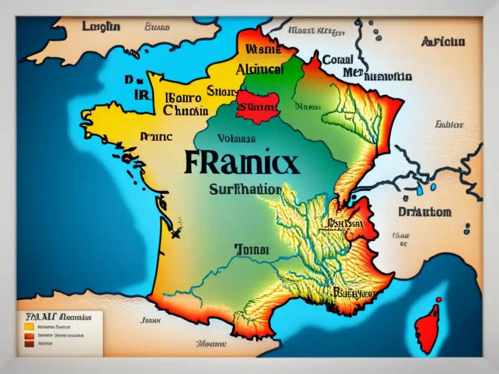 Mapa vintage detallando el origen misterioso del apellido Leroux en Francia