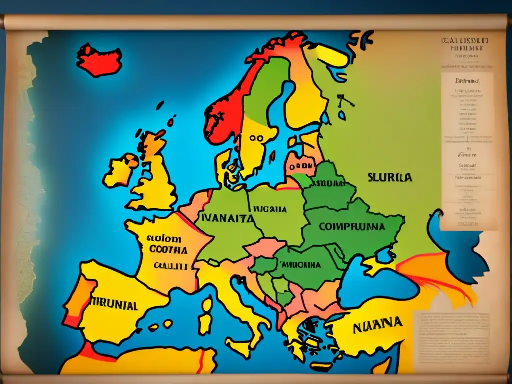 Mapa vintage de Europa mostrando los orígenes de apellidos eslavos, con detalles culturales y patrones migratorios